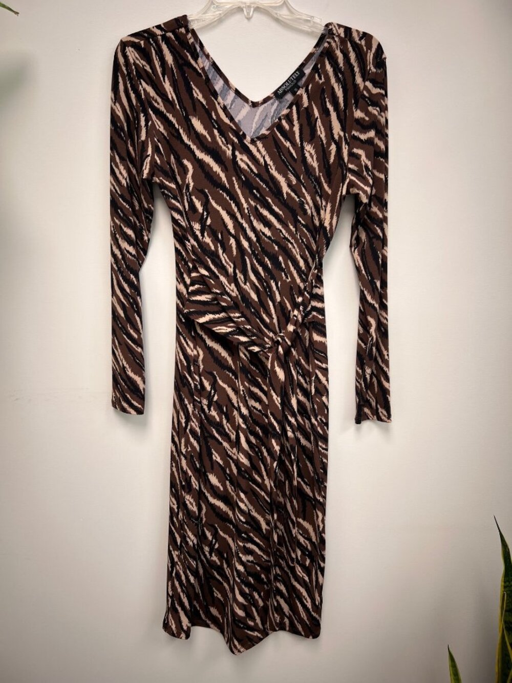 Small Neutral Zebra Print V-Neck Wrap Dress w/ Tie Waist